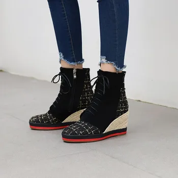 

OLOMLB Womens Pointed Toe Plaid Mixed Colors Ankle Boots Wedge Hidden Heel Lace Up Warm Winter Shoes Plus Size 3Colors