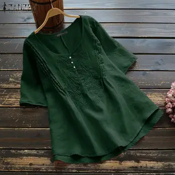 

Kaftan Linen Tops Women's Embroidery Blouse ZANZEA 2020 Summer Solid Tunic Casual Short Sleeve Shirts Female Blusas Oversized