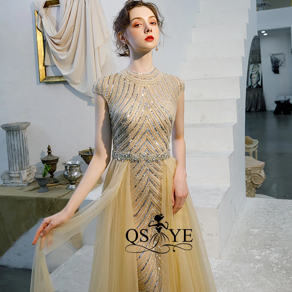 QSYYE2019 ever pretty Long Prom Платья Тюль o-образным вырезом корт Поезд Труба украшенное бисером с длиной до пола формальное вечернее платье вечерние платья