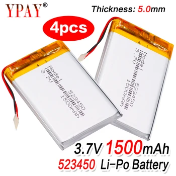 

4pcs 3.7V 1500mAh 523450 Polymer Lithium Rechargeable Battery Li-ion Battery for Smart Phone DVD MP3 MP4 Led Lamp