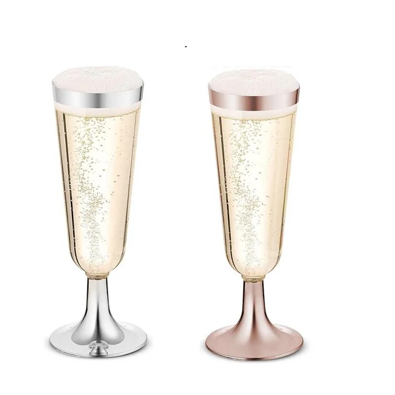 25/50/100pcs Plastic Rose Gold Rimmed Champagne Flutes 5.5 Oz Clear