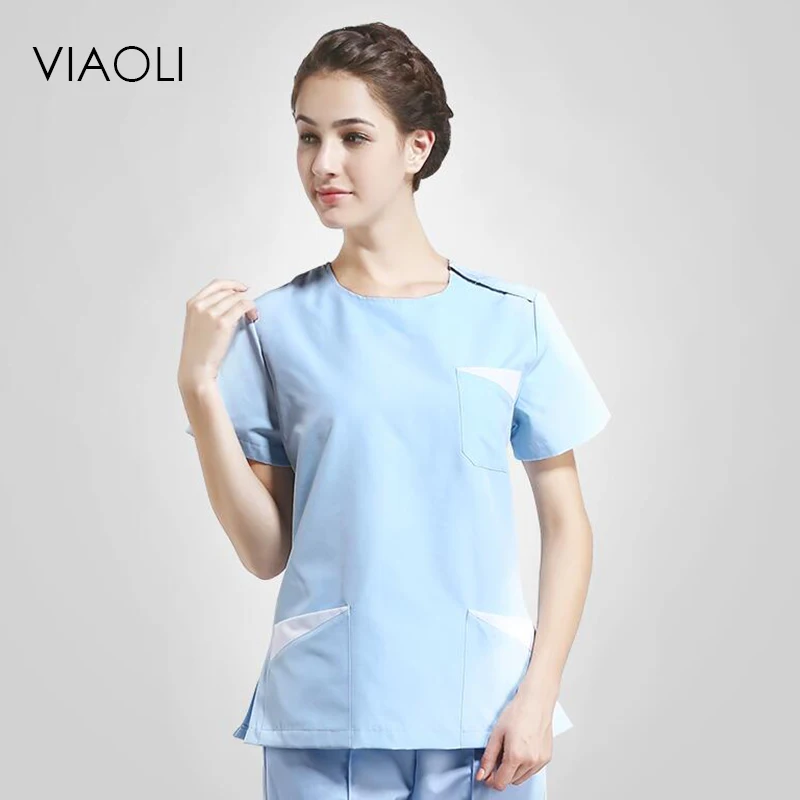 Viaoli Women and Men Medical Apparel Short Sleeves Medical Services Uniforms Nurses Costume Protection Lab Coats pocket