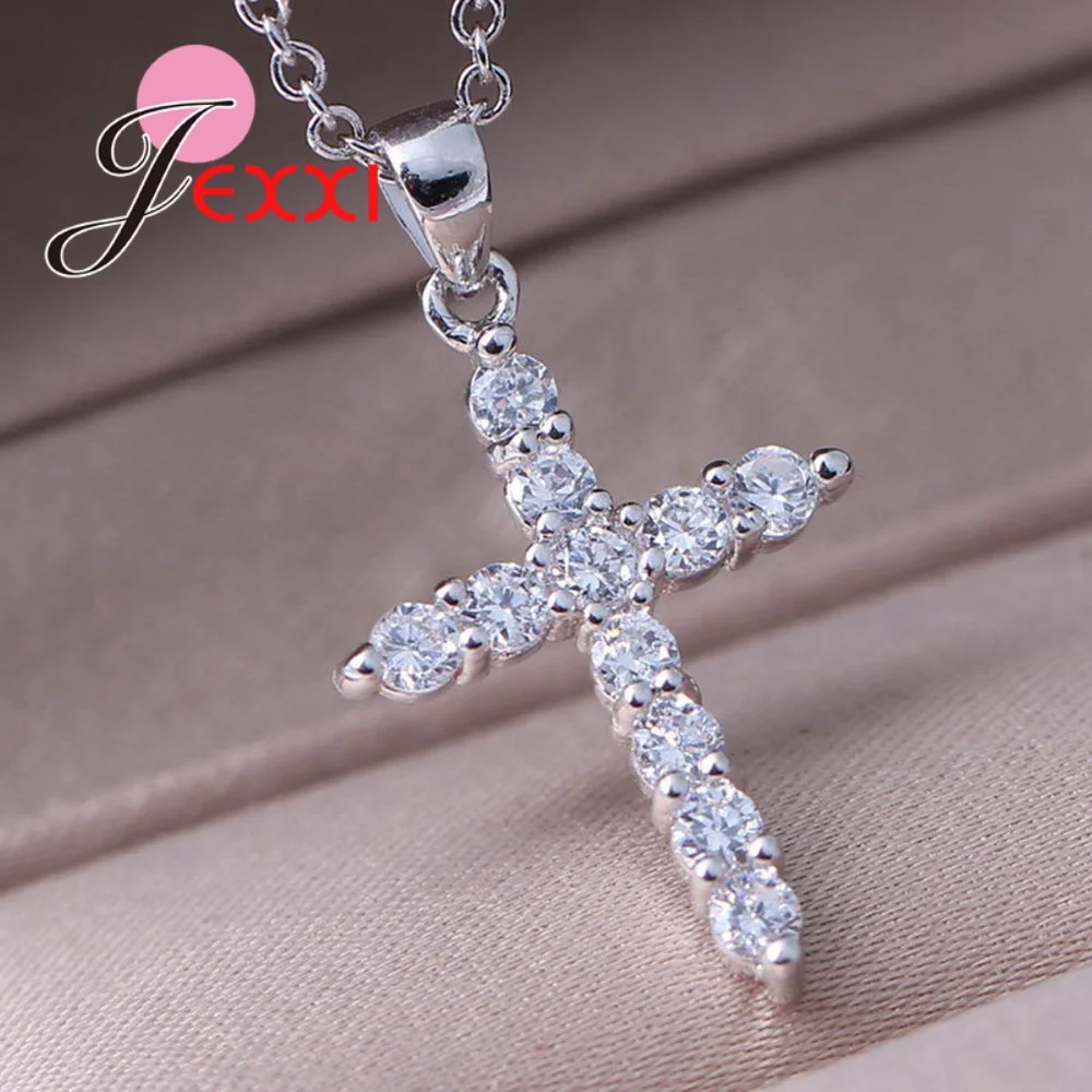 

Exquisite Pure 925 Sterling Silver Necklace with Full Rhinestone Corss Shaped Pendant Clear Cubic Zircon Paved for Male Female
