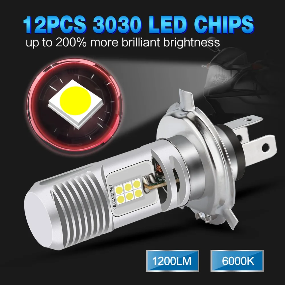 ACAMPTAR 2 Pcs H4 Motocicleta 3030 Led Bombilla de Faro de Haz Alto y Bajo 6500K 12-24V Motocicleta El/éctrico Faros 800Lm H4 6500K