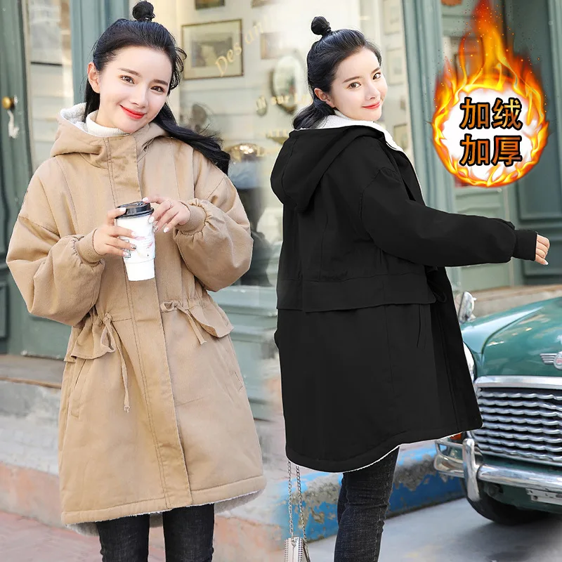 

Pregnant Women Winter 2019 New Style Brushed And Thick Lambs Wool Hooded Cardigan Coat Loose-Fit Mid-length Cotton-padded Clothe