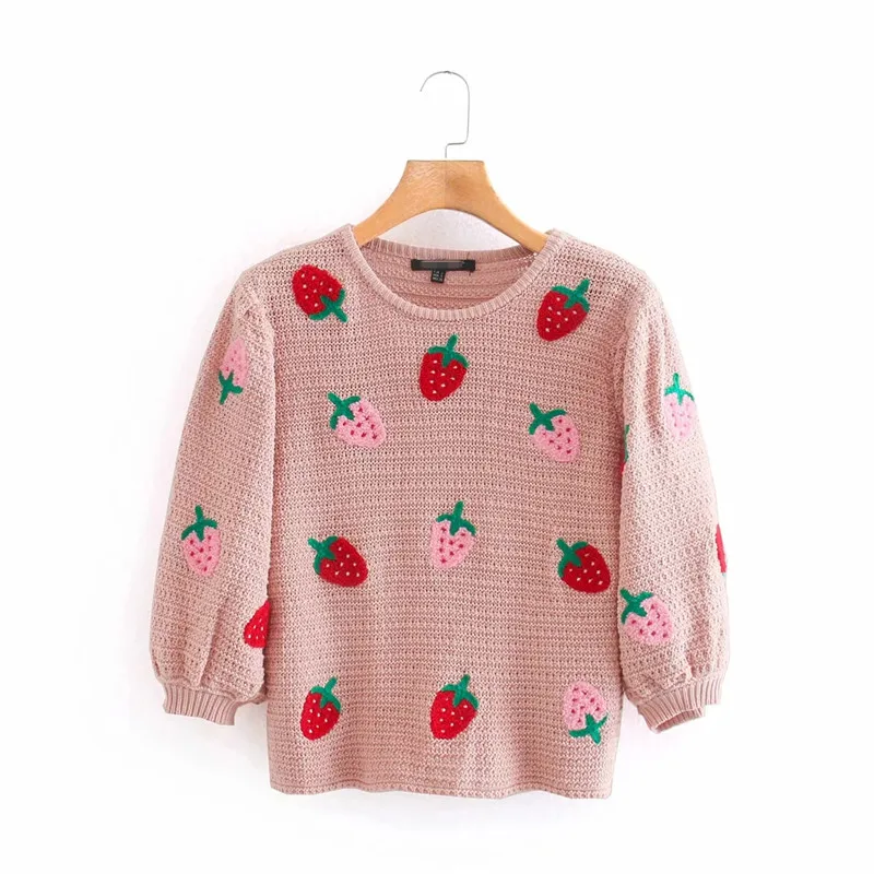 

PSEEWE ZA Sweater Women 2020 Fashion Sweet O Neck Puff Sleeve Strawberry Applique Knitted Sweater Female Chic Cute PINK Tops