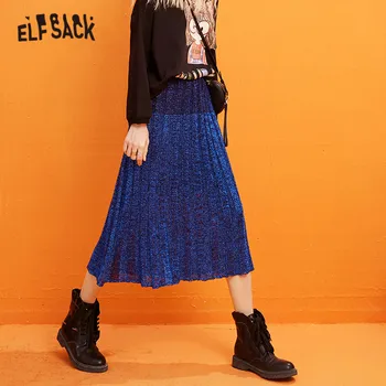 

ELFSACK Blue Solid Bright High Waist Pleated Skirt Women 2020 Spring New Black Mesh Pure A Line Office Ladies Daily Long Skirts