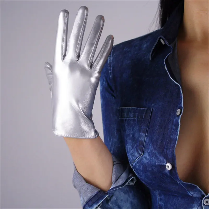 Patent leatherSilver 21 см лакированные кожаные перчатки короткие стильные кожаные зеркальные яркие королевские синие темно-синие кобальтовые синие сенсорные экраны черные PU93 - Цвет: Patent leatherSilver