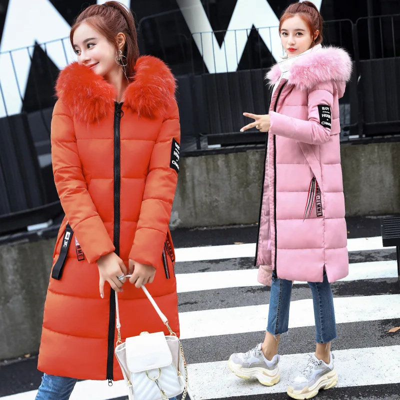 #*Cheap Winter Hooded Thicken Coat Women Long Warm Slim Down Jackets Vogue Letter Long Sleeve Zipper Outwear Ladies Faux Fur Collar