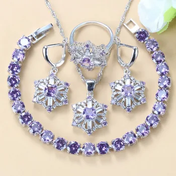 

Wonderful Bridal Silver Color Jewelry With Natural Purple Crystal Women Wedding Big Flower Jewelry Sets