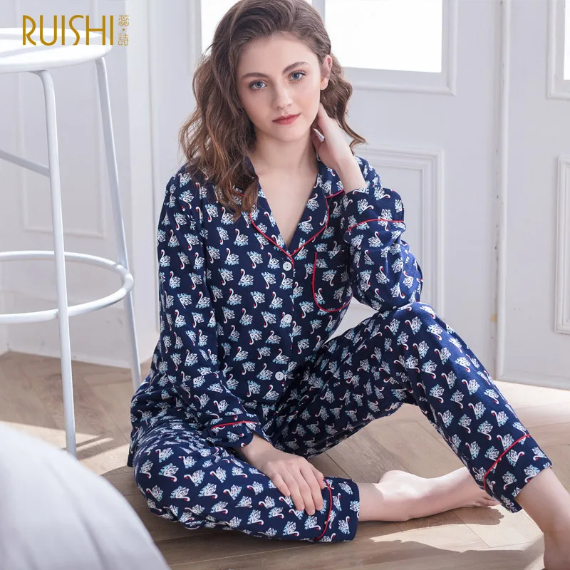 

New Women's Pajamas Pure Cotton Long-sleeve and Pants Sleepwear Home Casual Suit Spring and Autumn Elegant Swan Printing Pajamas