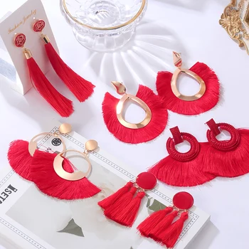 

2020 New Tassel Crystal Earrings Set for Women Bohemian Fashion Cotton Silk Fabric Fringe Drop Earrings Female Party Jewelry
