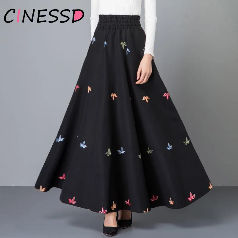 

Spring New Plus Size Woolen Maxi Skirts Womens Black Pleated Long skirt Ladies Office High Waist Flower Embroidered Streetwear