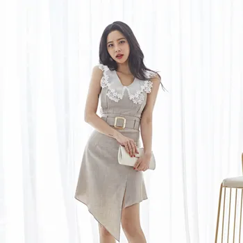 

High Quality Summer New Women Set Slim Grace Splicing lace Sleeveless Top + Fashion Irregularity Belt Short Skirt 2 Piece Set