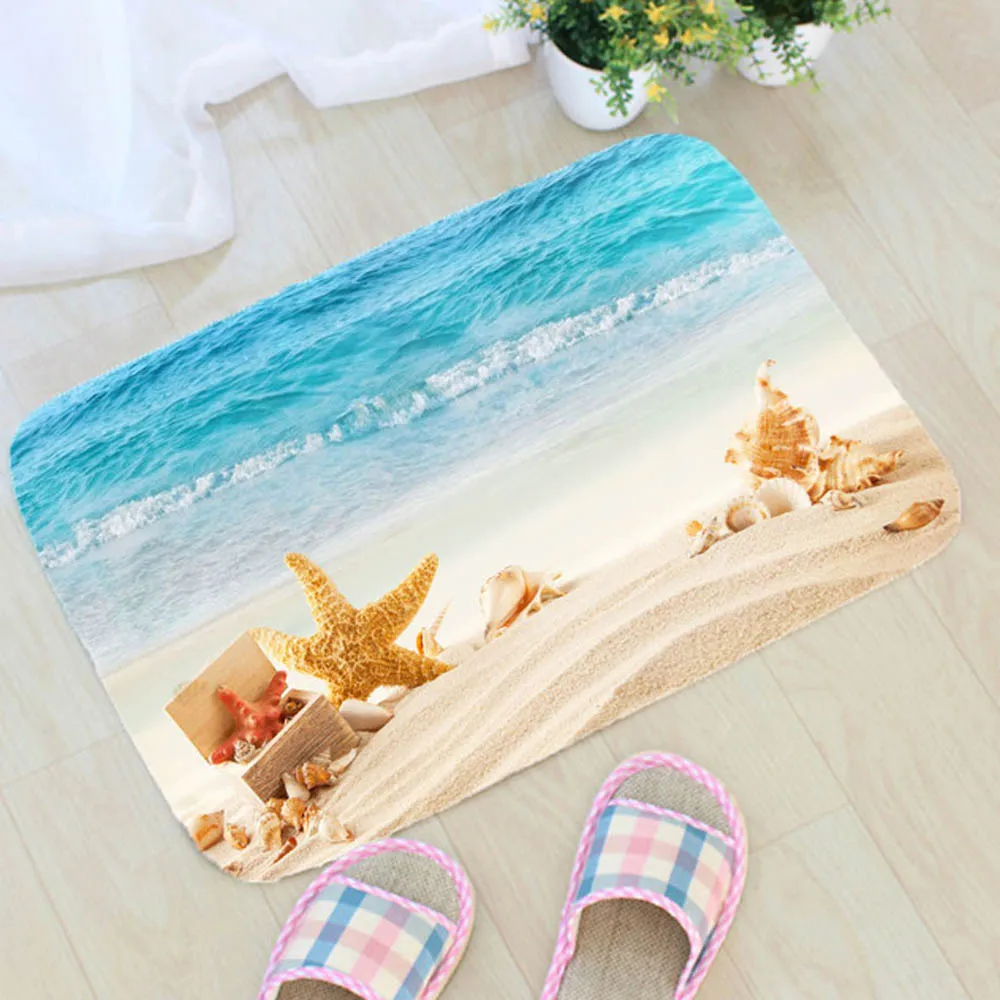 

Summer Beach Printing Rug Flannel Beach Starfish Shell Pattern Rug Carpet Bathroom Non-slip Mat Sea Style Home Decor Doormat