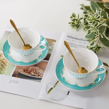 

European Style Coffee Cup and Saucer Set Blue Striped English Bone China Coffee Cup with Ceramic Cup