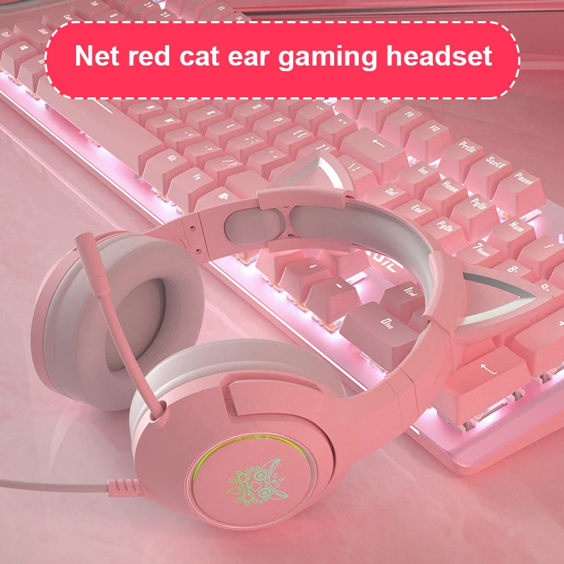 New K9 Pink Wired Game Cat Ear Headset With Microphone Hifi 7 1 Channel Gaming Music Headset For Computer Notebook