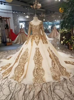 

BGW 2021118ht Luxury Shiny Evening Dresses With Golden Sequins Long Sleeves Lace Up Back Party Dresses Long Train Muslim Dress
