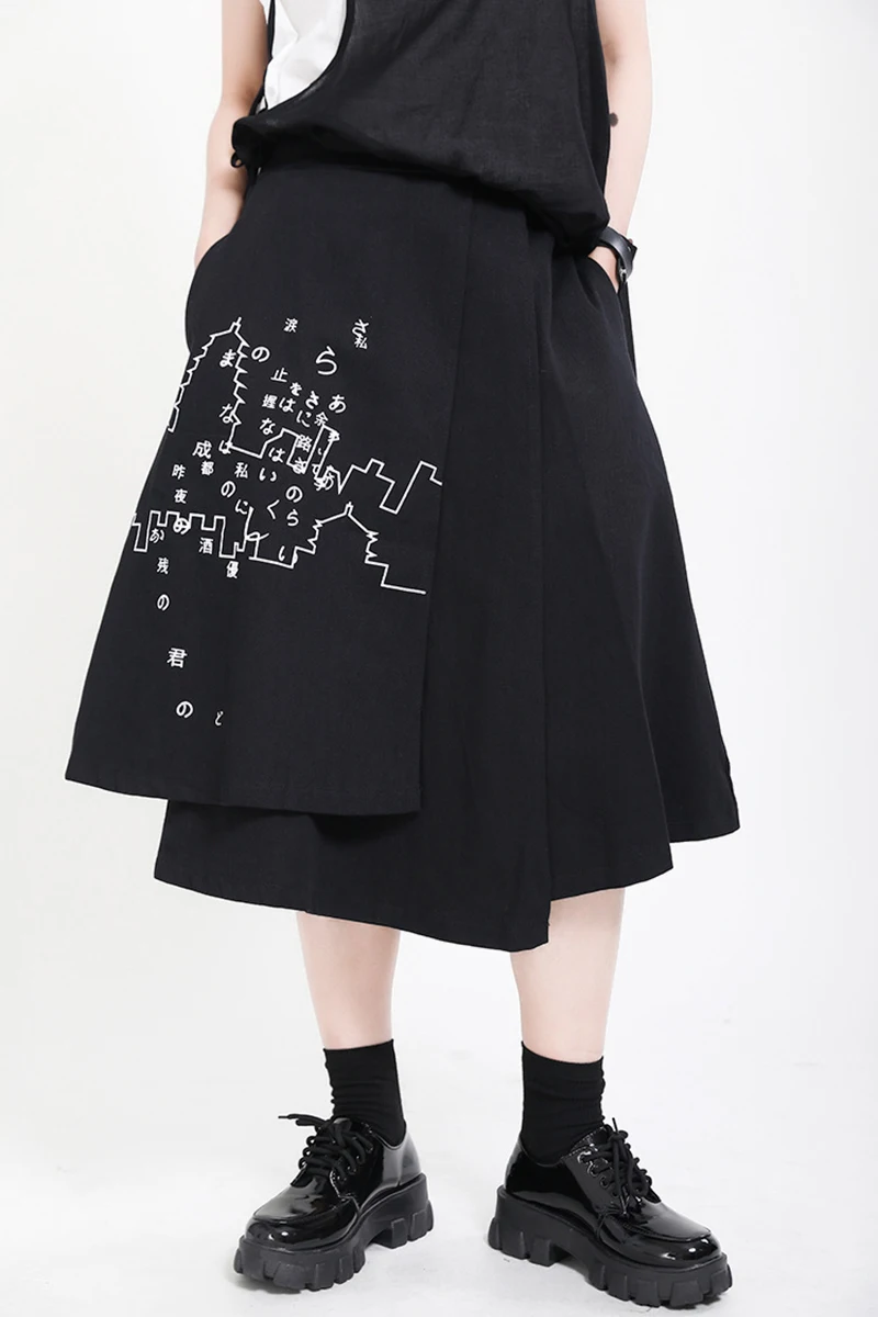 [EAM] High Elastic Waist Black Pattern Printed Irregular Half-body Skirt Women Fashion Tide New Spring Autumn 2020 1X349
