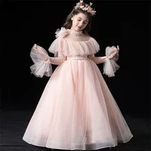 Весенне-осеннее корейское милое розовое Сетчатое платье принцессы с длинными рукавами на свадьбу, день рождения, вечеринку для девочек