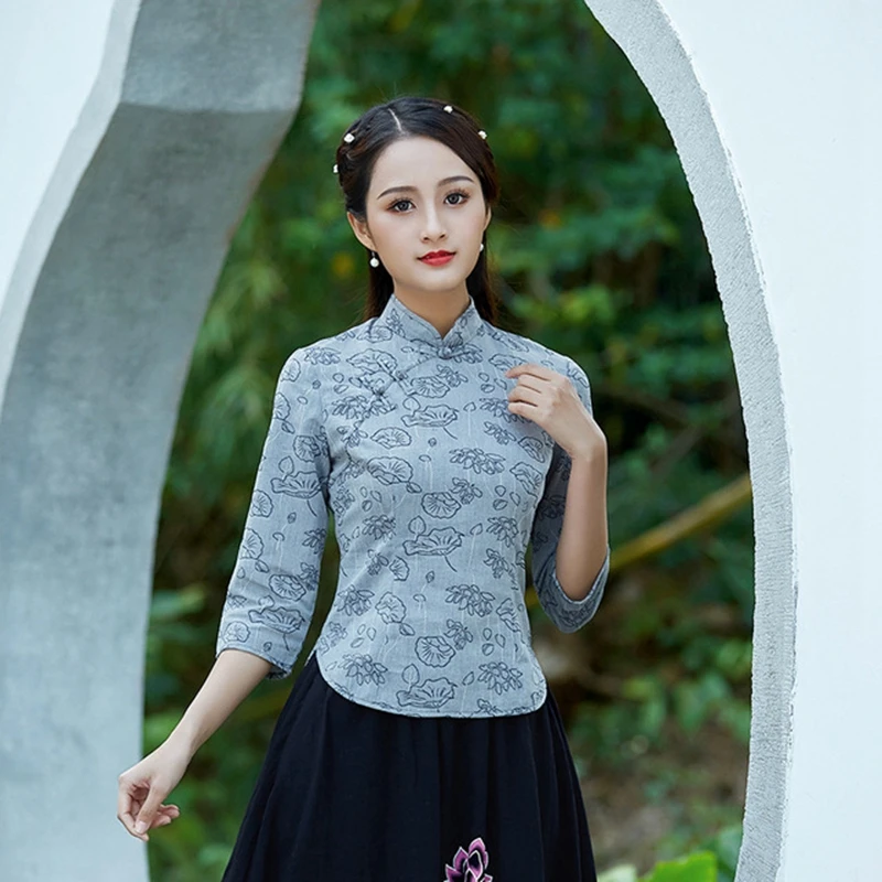 Учебный стиль для женщин с длинными рукавами чистый цвет Qipao жаккард переплетение Улучшенный чёнсам костюм Тан рубашка женская повседневная одежда рубашка