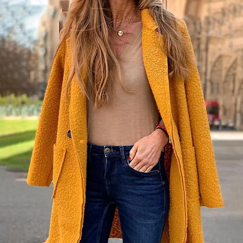

Fall Yellow Faux Fur Coats Jackets Women Winter Pockets Long Jackets Solid Female Soft Outerwears Plus Size Coat