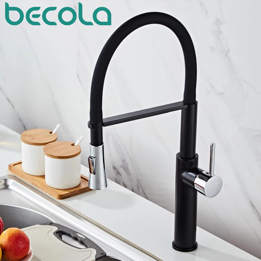 BECOLA Black Chrome Finish Kitchen Faucet Deck Mount Pull Sprayer Nozzle Hot & Cold Water Kitchen Sink Faucet Mixer Taps
