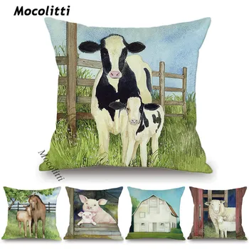 

Nordic Farm Animal Cute Family Cows Pigs Horses Water Color Art Home Decorative Car Sofa Cushion Cover Velvet Throw Pillow Case