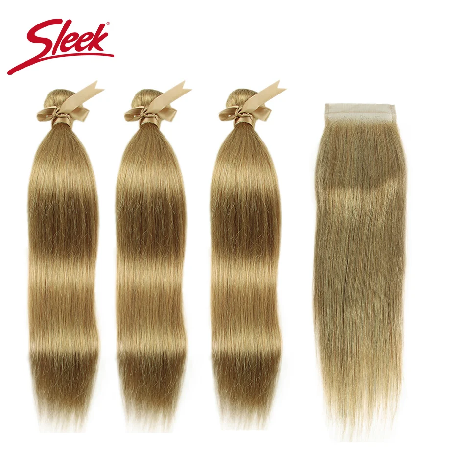 Sleek Mink Blonde Series of Ash Pink Color Brazilian Straight Bundles With Closure 8-26 Inches Remy Human Hair Weave Bunldes - Цвет: Gloden Blonde