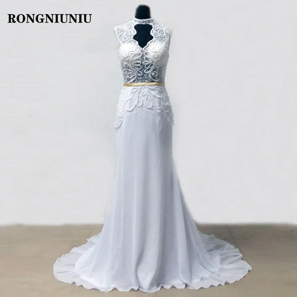 

Real Photo Chiffon Mermaid Wedding Dresses Open Back Sexy Bridal Sheer Dress V Neck Pearls Wedding Gowns Abito da Sposa 2020