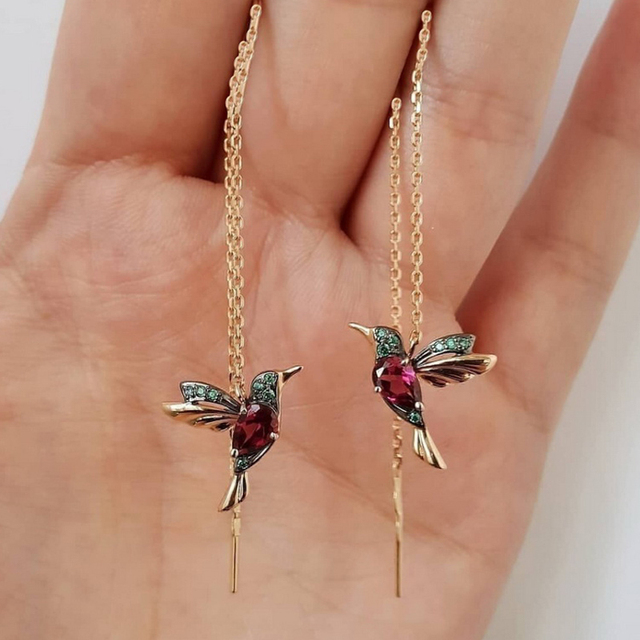 Pair Unique Long Drop Earrings Bird Pendant Tassel Crystal Pendant Earrings Ladies Jewelry Design 2 Colors Hummingbird Earring