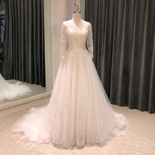 SL-7112 new design wedding dress long sleeve 2021 beads lace illusion neck crystal bridal wedding dress tulle vintage bride gown 1