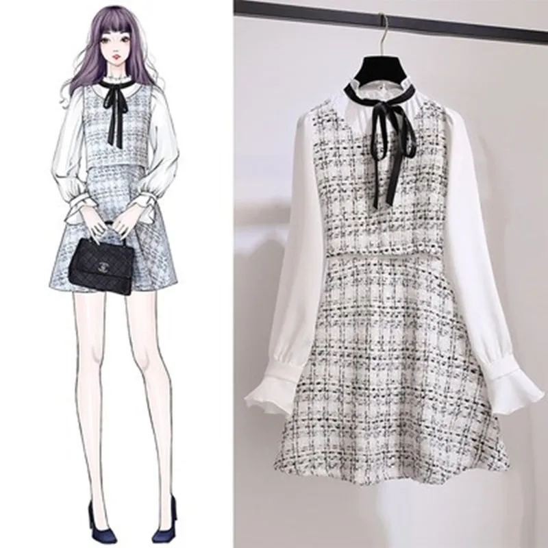 

2019 Autumn Vintage Tweed Dress Sweet Bow Tie up Tweed Dress Flare Sleeve Patchwork Fake two pieces Plaid Dress Winter Vestidos