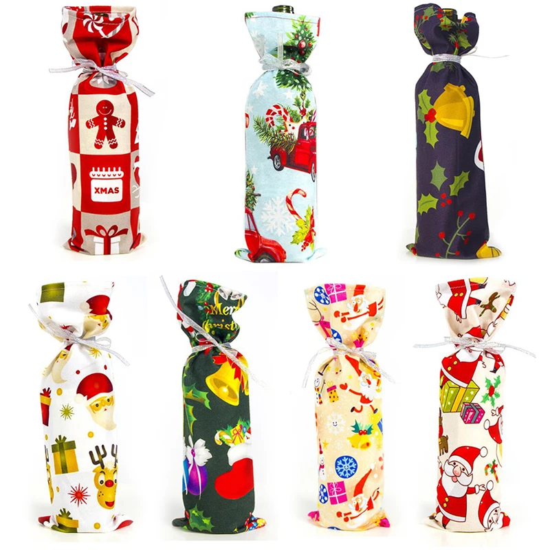 1pc Christmas wine bottle Cover Bag With Ribbon String Holiday Dining Table Party Decor 7 color