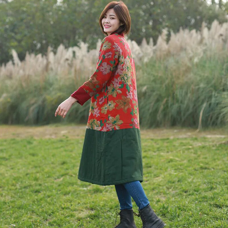 

Zhi pai Winter New Style Cotton-padded Clothes Splicing Type Thick Cotton Linen WOMEN'S Dress National Wind Women's Long Coat Wo