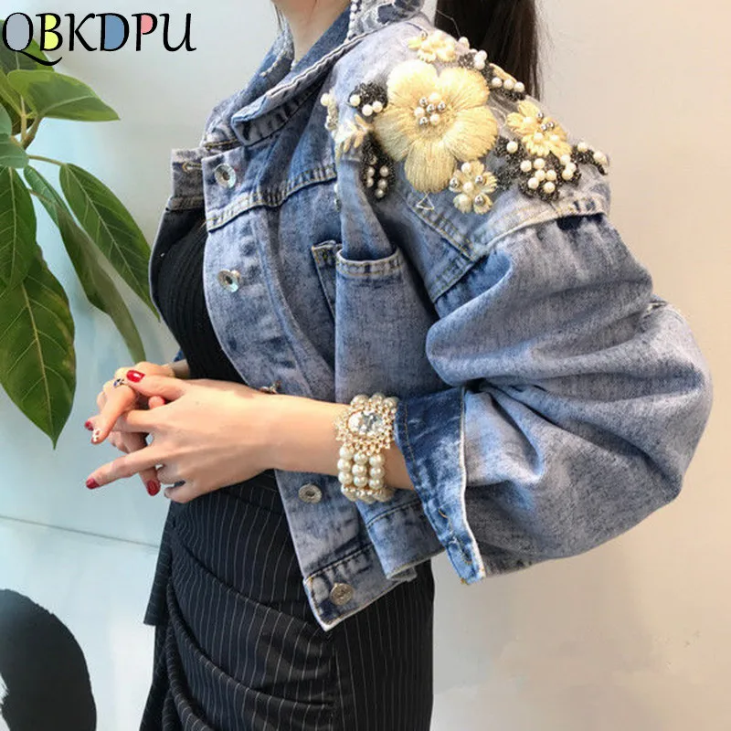 

Women Embroidery Butterfly Pearl Bead Short Denim Coat 2020 Female Long Sleeve Loose Beading Sequin Jean Jacket Free Shipping