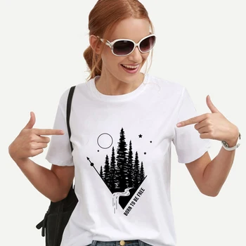

Lus Los casual fashion tops plus size streetwear Showtly Born To Be Free The forest and moon stars harajuku women t shirt