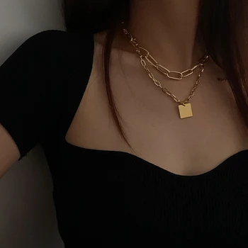 

Timeless Wonder Titanium Layered Chains Square Tag Choker Necklace Women Stainless Steel Jewelry Designer Top Punk Ins Rock 3021