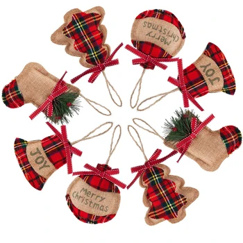 

8Pcs Christmas Tree Linen Bag Ornaments Pendants Santa Sock Gift Bag Xmas Tree Bell Decoration Fireplace Hanging Home Party Deco