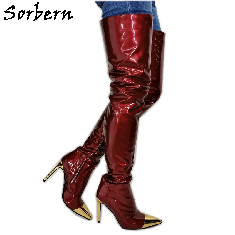 

Sorbern Wine Red Patent Long Boots Women Gold Patent Toes High Heel Stilettos Custom Slim Fit Thighs Patched Multi Colors