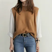 Женский вязаный жилет без рукавов с круглым вырезом, однотонный шерстяной свитер с разрезом для женщин,, весна-осень, модные повседневные свободные свитера, жилет