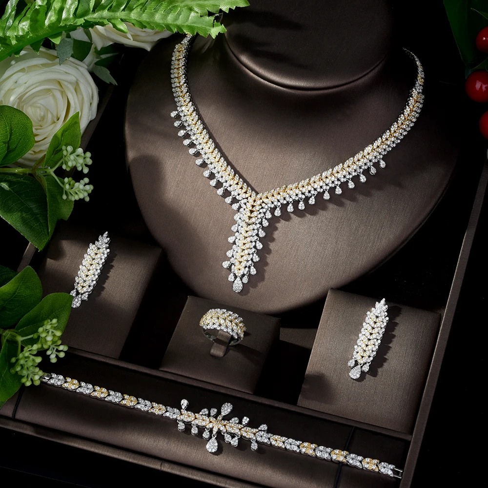 

HIBRIDE Classic Bridal Jewelry Sets Geometric Design Cuboc Zirconia Weeding 2 Tones Women Earrings Necklace Set Bijoux N-1100