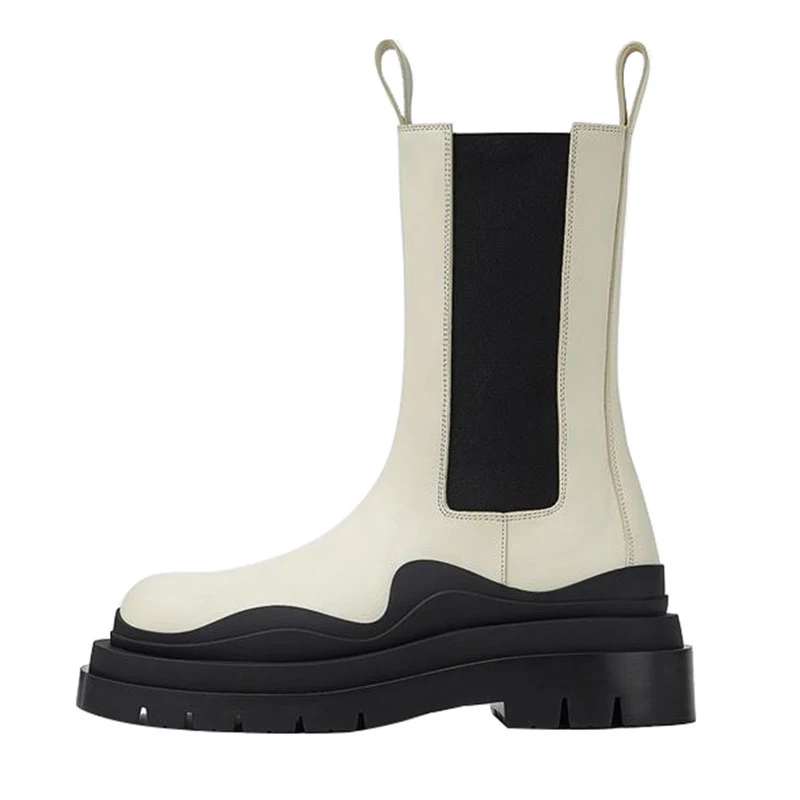 2021 Autumn Genuine Leather Women Chelsea Boots Fashion Platform Mid-Calf Boots Elastic Band Handmade Ladies White Black Botas 