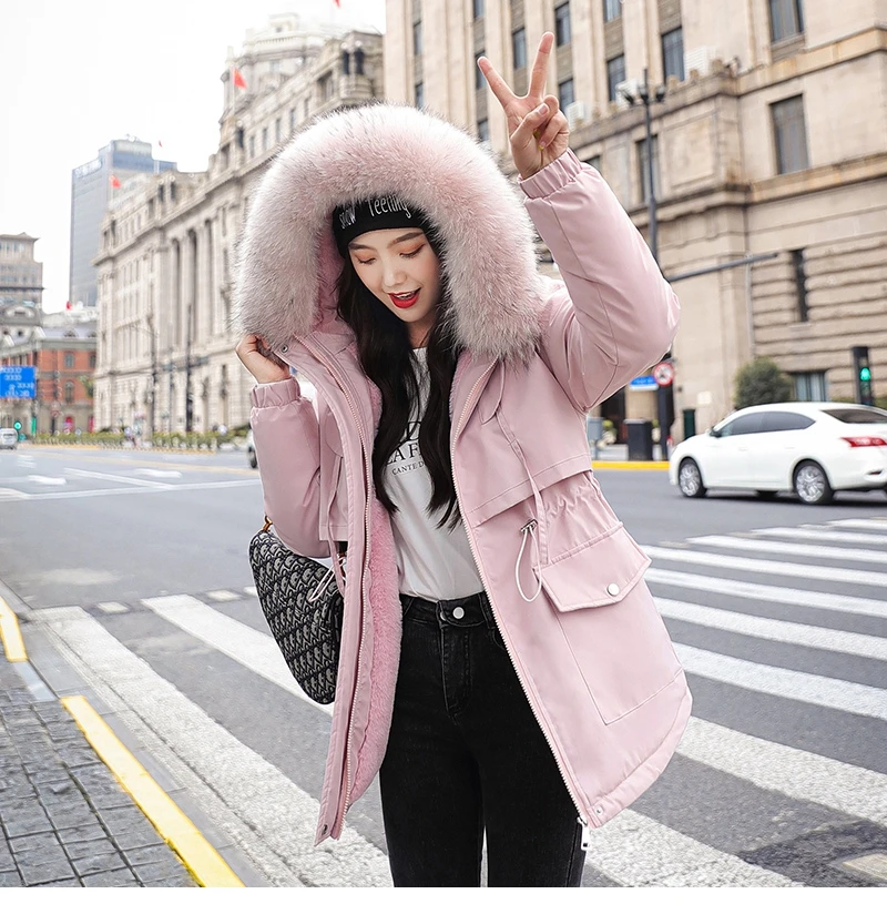 Fashionable Warm Cotton Liner Hooded Down Parkas Coat Winter Jacket Women Adjustable Waist Fur Collar Jacket Parka 2020 New