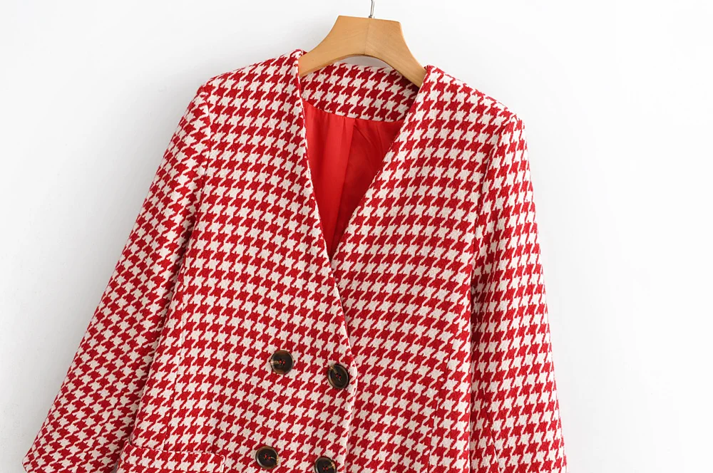 Женское зимнее длинное пальто повседневные блейзеры poppy plaid v шеи двубортное красное SML с полной подкладкой с длинным рукавом Прямая