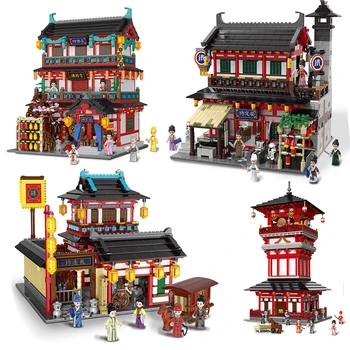 

City Commercial Street Building Blocks Creator Chinese Ancient Architecture House Figures Model Bricks Assemblage Toys For Kids