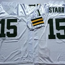 Мужская футболка с вышитым логотипом Bart Starr 15 Белый Зеленый Футбольная форма средней школы