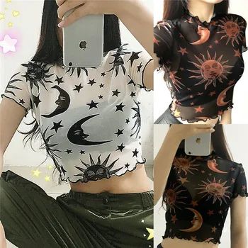 

Sexy Mesh Sheer Tops Fishnet Short Sleeve Turtle Neck T-shirt Women Angel Printed See Through Tee Shirt