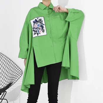 

LANMREM 2020 spring summer loose fashion irregular texture patch oversize large size shirt long bawting sleeve tops AQ951