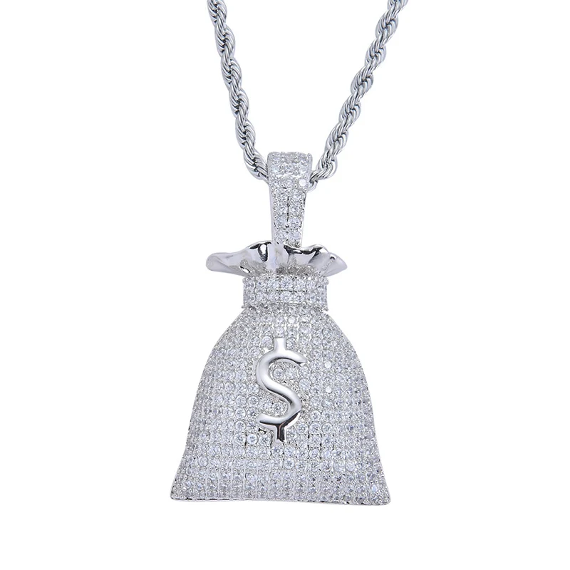 Хип-хоп AAA кубический цирконий вымощенный Bling Iced Out доллар США мешок денег Подвески ожерелье для мужчин рэппер ювелирные изделия розовое золото серебро